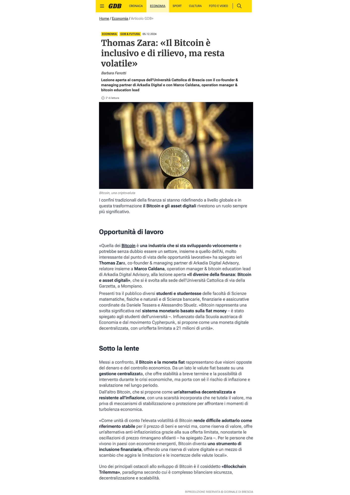 Giornale di Brescia - Thomas Zara